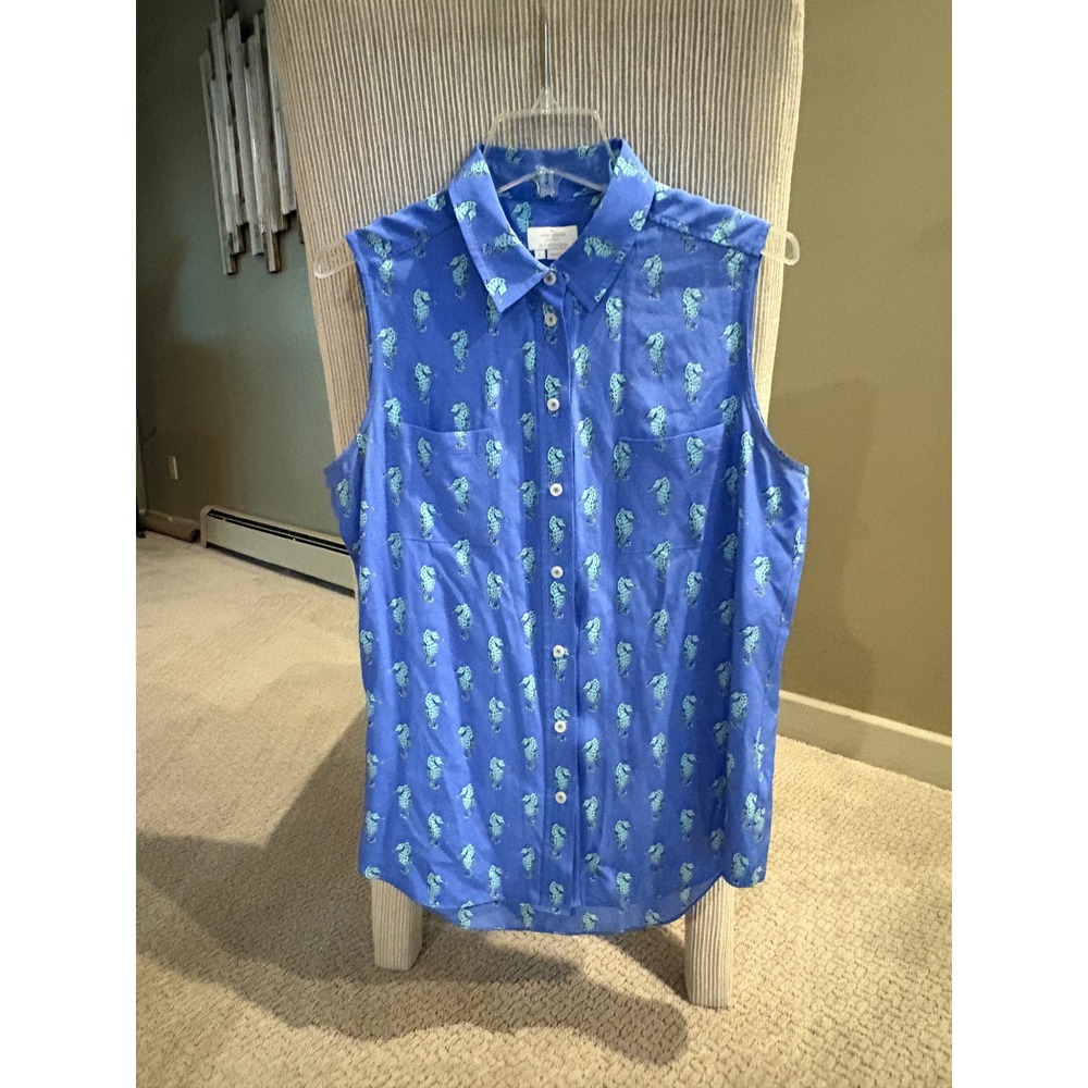 Kate Spade New York Blue Seahorse Print Silk Blend Sleeveless Button Down Top L